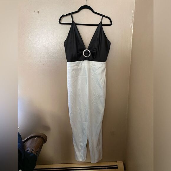 NBD Quenby Jumpsuit Black & Ivory satin bow accent one piece party Revolve L - Picture 12 of 13